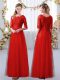 Cheap Empire Quinceanera Court of Honor Dress Red Scalloped Tulle Half Sleeves Floor Length Zipper