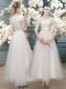 Simple White A-line Organza V-neck Half Sleeves Lace Zipper Prom Dresses