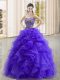 Floor Length Purple Quinceanera Dress Organza Sleeveless Beading and Ruffles