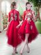 Red Half Sleeves Appliques High Low Prom Evening Gown