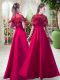 Sophisticated Red A-line High-neck Short Sleeves Satin Floor Length Zipper Lace Formal Evening Gowns