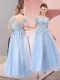 Tulle Scoop Short Sleeves Lace Up Appliques Evening Dresses in Light Blue