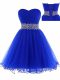 Royal Blue A-line Sweetheart Sleeveless Tulle Mini Length Lace Up Ruching Prom Dresses