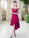 Inexpensive Wine Red A-line Satin Off The Shoulder Sleeveless Appliques Asymmetrical Zipper Prom Dress