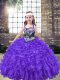 Eye-catching Purple Lace Up Straps Embroidery Girls Pageant Dresses Organza Sleeveless