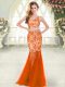 Elegant Orange Red Tulle Zipper One Shoulder Sleeveless Floor Length Prom Party Dress Beading and Lace