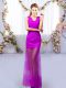 Affordable Purple Column/Sheath Tulle V-neck Sleeveless Lace Floor Length Lace Up Dama Dress