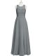 Grey Prom Evening Gown Prom and Party and Military Ball with Lace and Appliques and Belt Scoop Sleeveless Zipper