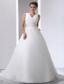 Simple A-line V-neck Court Train Satin and Organza Beading and Ruch Wedding Dress