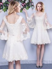Flare Scoop White 3|4 Length Sleeve Knee Length Lace Lace Up Quinceanera Court Dresses