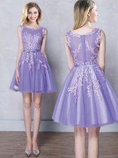 Modern Scoop Appliques and Belt Bridesmaid Dresses Lavender Zipper Sleeveless Mini Length