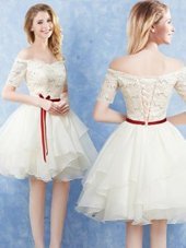 Noble Champagne A-line Organza Off The Shoulder Short Sleeves Lace and Ruffles and Belt Mini Length Lace Up Quinceanera Dama Dress