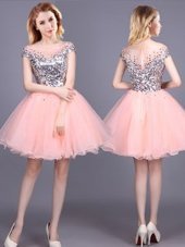 Fantastic Pink A-line Sequins Quinceanera Court Dresses Zipper Tulle Short Sleeves Mini Length