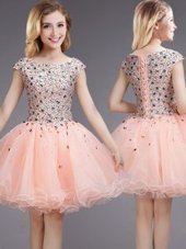 Colorful Cap Sleeves Organza Mini Length Lace Up Quinceanera Dama Dress in Pink for with Beading and Sequins