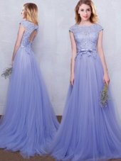 Fabulous Scoop Lavender Tulle Backless Bridesmaid Gown Cap Sleeves With Brush Train Lace and Belt