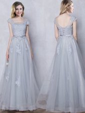 Gorgeous Scoop Cap Sleeves Floor Length Lace and Appliques and Belt Lace Up Bridesmaids Dress with Grey