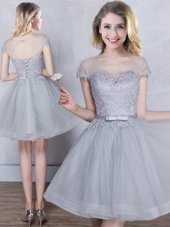 High Quality Scoop Short Sleeves Mini Length Appliques and Belt Lace Up Quinceanera Court of Honor Dress with Grey