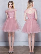 High End Scoop Pink Tulle Lace Up Wedding Guest Dresses Short Sleeves Mini Length Lace and Appliques and Belt