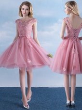 Unique Pink Lace Up Scoop Appliques and Belt Damas Dress Tulle Cap Sleeves