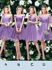 Deluxe Lavender A-line Tulle One Shoulder Sleeveless Beading and Appliques and Ruffles and Ruching and Belt and Hand Made Flower Mini Length Lace Up Court Dresses for Sweet 16