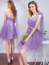Super One Shoulder Sleeveless Ruffles and Ruching and Belt and Hand Made Flower Lace Up Wedding Party Dress