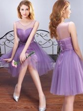 Ideal Scoop Sleeveless Tulle Mini Length Lace Up Dama Dress for Quinceanera in Lavender for with Beading and Ruching and Belt