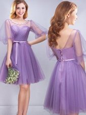 Customized Lavender Scoop Neckline Appliques and Ruching and Belt Wedding Guest Dresses Half Sleeves Lace Up