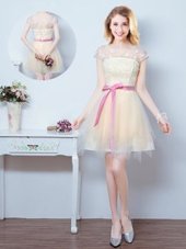 Luxury Scoop Short Sleeves Mini Length Lace Up Dama Dress Champagne and In for Prom and Party and Wedding Party with Lace and Appliques and Ruffles and Bowknot