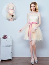 Modern Mini Length Champagne Quinceanera Court Dresses Scoop Sleeveless Lace Up