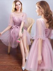 Fantastic Scoop Half Sleeves Tulle Mini Length Lace Up Wedding Party Dress in Pink for with Ruching and Bowknot
