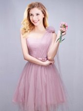 Elegant Pink One Shoulder Neckline Ruching and Bowknot and Hand Made Flower Bridesmaid Gown Sleeveless Lace Up