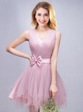 Smart Ruffles and Ruching and Bowknot Quinceanera Dama Dress Pink Lace Up Sleeveless Mini Length