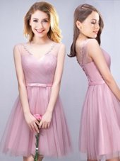 Suitable Sleeveless Ruching and Bowknot Lace Up Quinceanera Court of Honor Dress