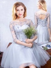 Graceful Knee Length Grey Wedding Guest Dresses Scoop Half Sleeves Lace Up