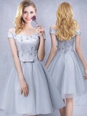 Fancy A-line Quinceanera Dama Dress Grey Off The Shoulder Tulle Sleeveless Knee Length Lace Up