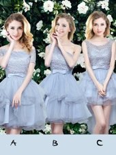 Pretty Grey A-line Off The Shoulder Sleeveless Organza Mini Length Lace Up Lace and Ruffles and Belt Bridesmaid Dress