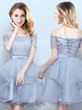 Shining Off the Shoulder Short Sleeves Mini Length Lace Up Bridesmaids Dress Grey and In for Prom and Party and Wedding Party with Lace and Ruffles and Belt