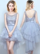 Customized Scoop Sleeveless Lace Up Quinceanera Dama Dress Grey Organza and Lace