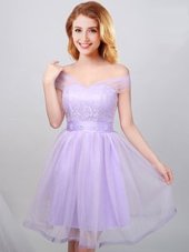 Flirting Off the Shoulder Lavender A-line Lace and Appliques and Belt Bridesmaids Dress Lace Up Tulle Short Sleeves Mini Length