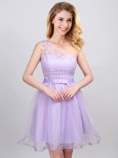 Mini Length Lavender Bridesmaid Dresses One Shoulder Sleeveless Lace Up