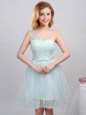 Enchanting One Shoulder Mini Length Lace Up Bridesmaids Dress Apple Green and In for Prom and Party and Wedding Party with Lace and Appliques and Belt