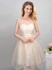 Noble One Shoulder Mini Length Lace Up Quinceanera Court of Honor Dress Champagne and In for Prom and Party and Wedding Party with Lace and Appliques and Belt