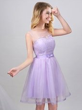 Attractive Scoop Mini Length Lavender Quinceanera Court of Honor Dress Tulle Sleeveless Lace and Appliques and Belt