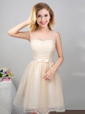 Beauteous Champagne Dama Dress for Quinceanera Prom and Party and Wedding Party and For with Lace and Appliques and Belt Scoop Sleeveless Lace Up
