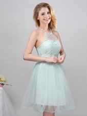 Apple Green Halter Top Lace Up Lace and Appliques and Belt Quinceanera Dama Dress Sleeveless
