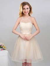 Fitting Halter Top Mini Length Champagne Bridesmaids Dress Tulle Sleeveless Lace and Appliques and Belt