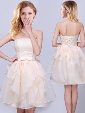 Luxury Sleeveless Organza Mini Length Lace Up Vestidos de Damas in Champagne for with Lace and Ruffles and Belt