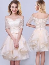 Admirable Off the Shoulder Champagne Short Sleeves Organza Lace Up Dama Dress for Quinceanera for Prom and Party and Wedding Party