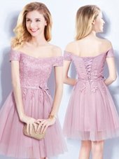 Ideal Off the Shoulder Pink Sleeveless Appliques and Belt Mini Length Bridesmaids Dress