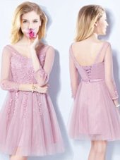 Vintage Sleeveless Tulle Mini Length Lace Up Court Dresses for Sweet 16 in Pink for with Appliques and Belt